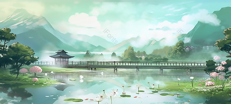 小桥流水湖面植物,插画/手绘图,插画/手绘图库,插画/手绘图下载,插画/手绘